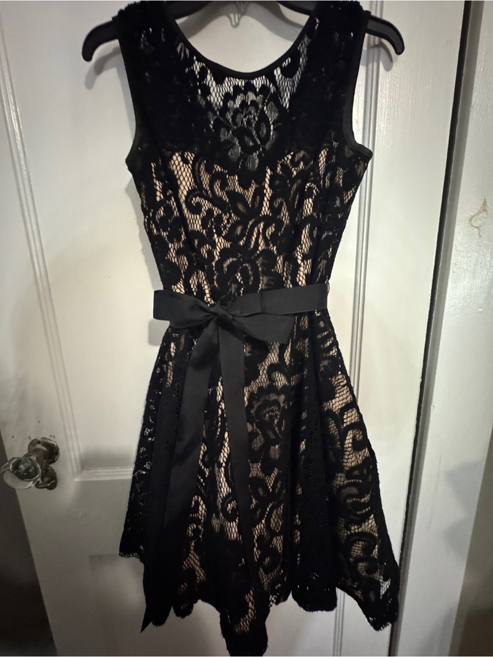 Betsy & Adam Black Lace Overlay Mini Dress with Nude Underlay
